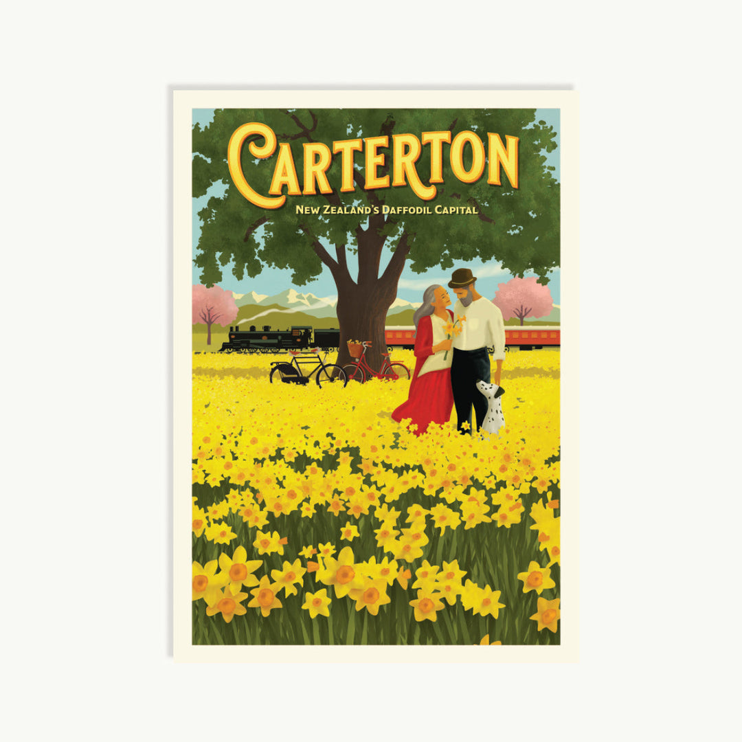 Vintage-style poster of a couple in a daffodil field with 'Carterton' at the top.