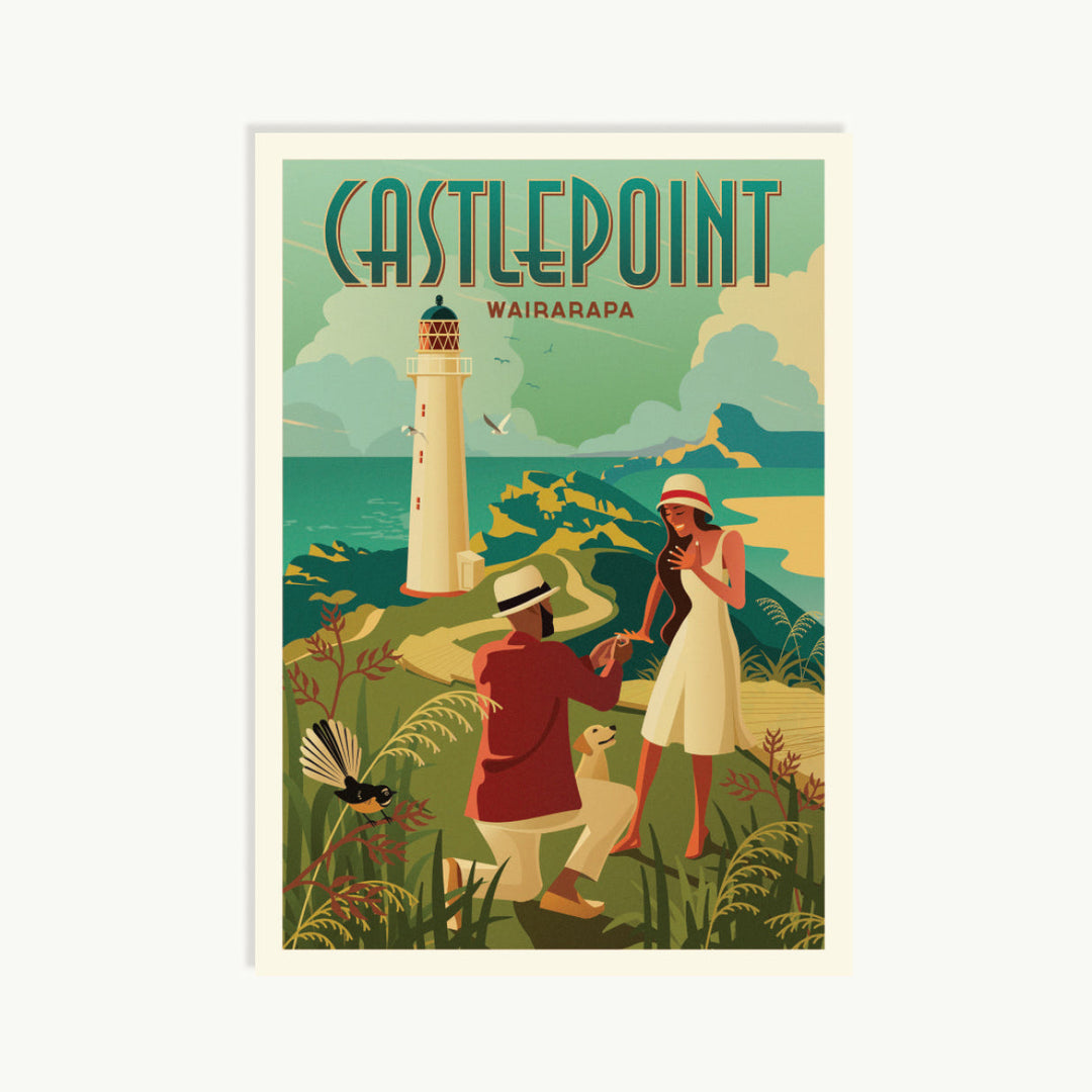 Vintage-style poster of Castlepoint, Wairarapa with a lighthouse and people in a scenic setting.