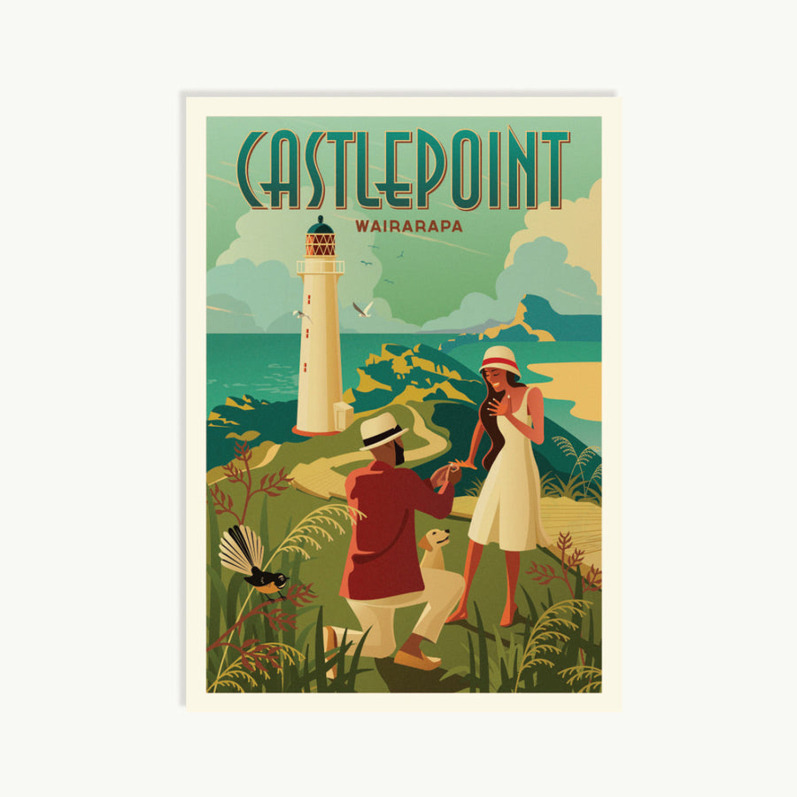 Vintage-style poster of Castlepoint, Wairarapa with a lighthouse and people in a scenic setting.