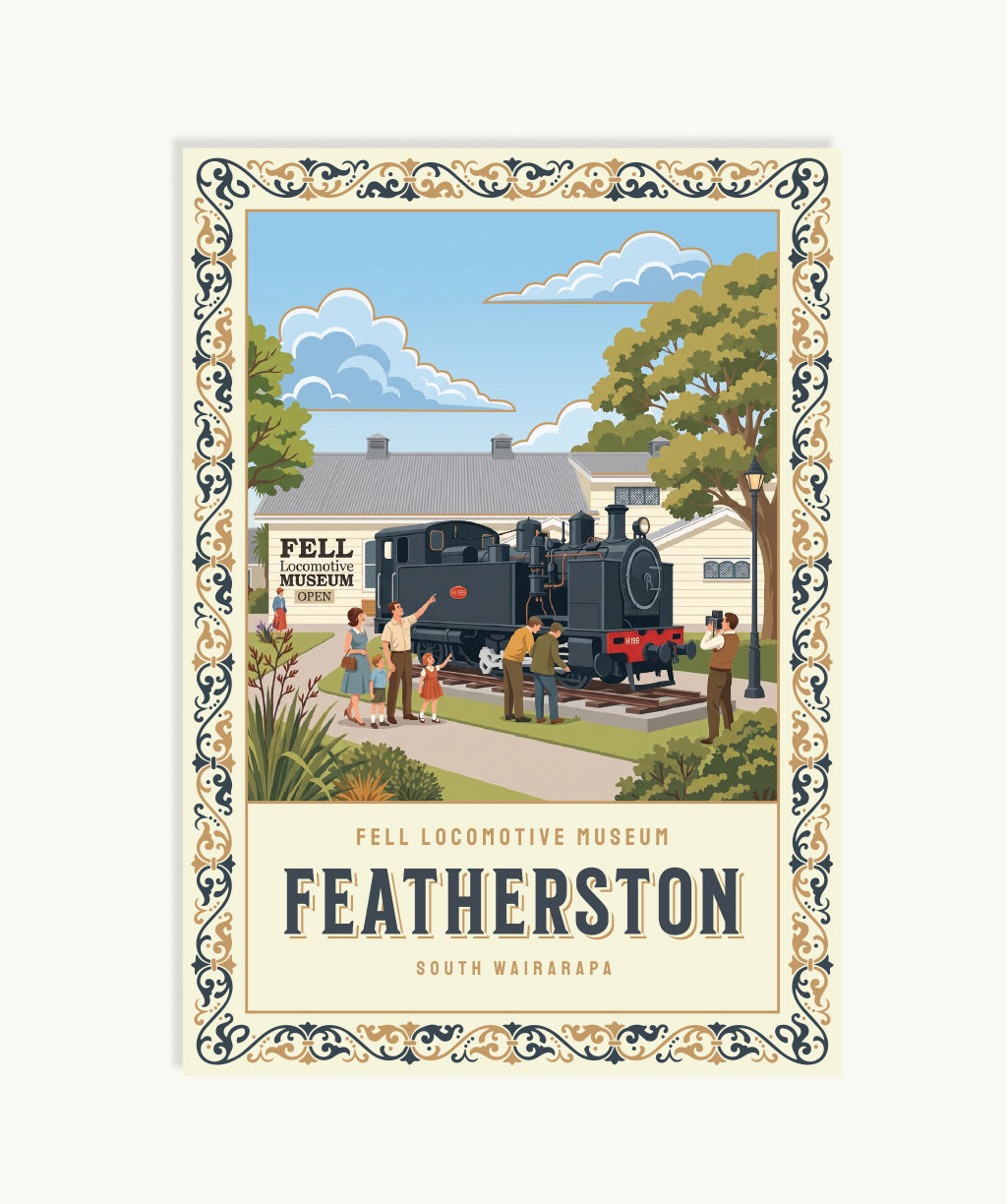 Gold Foil Postcard: Fell Locomotive Museum, Featherston