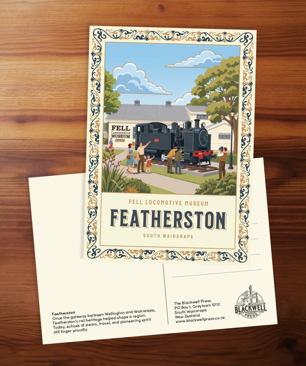 Gold Foil Postcard: Fell Locomotive Museum, Featherston