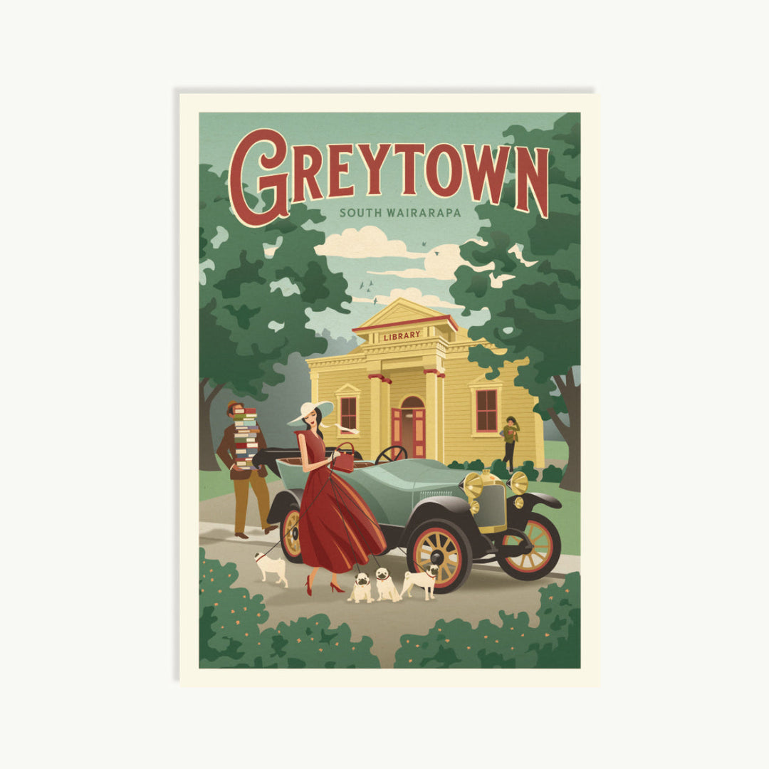 Vintage-style poster of Greytown with a couple and old car in front of a building.