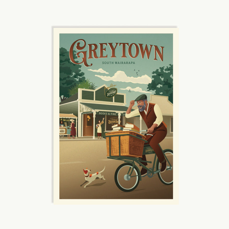 Illustration of a man on a bicycle with a dog in front of a store named 'Greytown'.