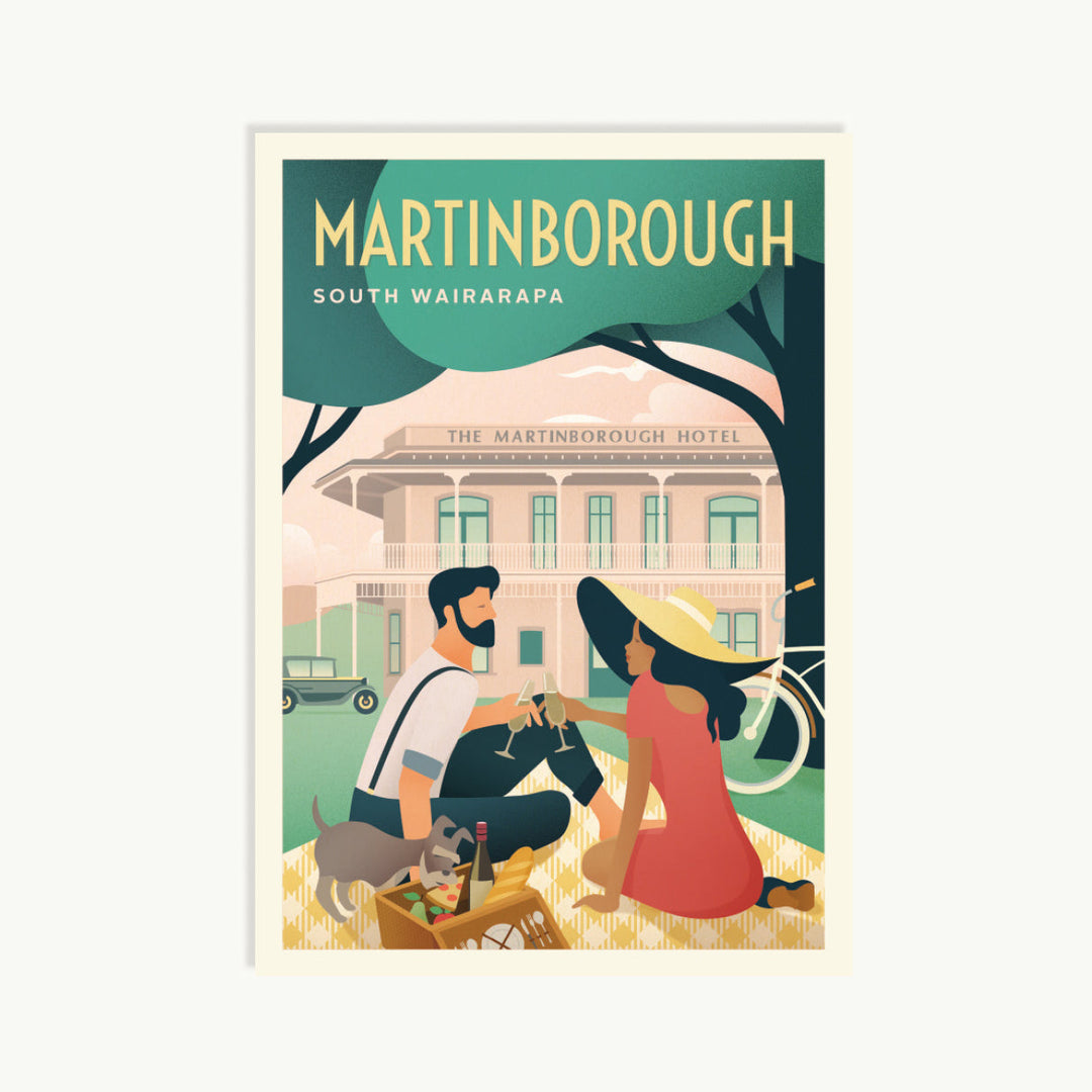 Illustration of a couple with a dog in front of The Martinborough Hotel, with 'Martinborough South Wairarapa' text above.