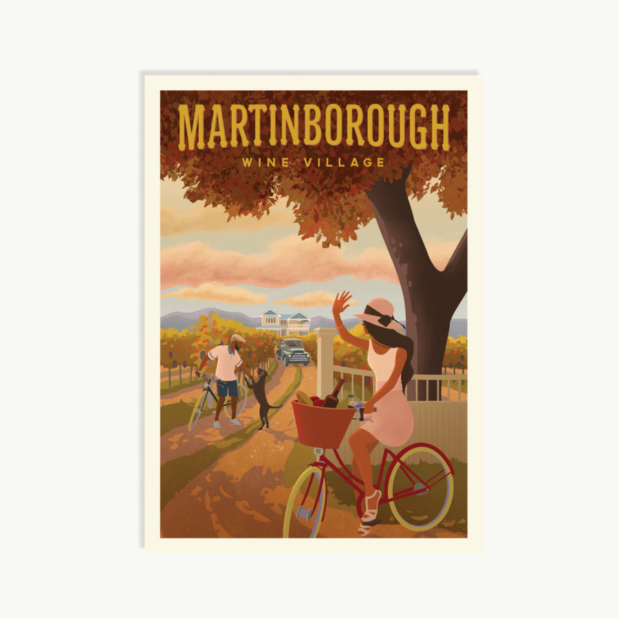 Poster of Martinborough Wine Village with people on bicycles and a scenic background.