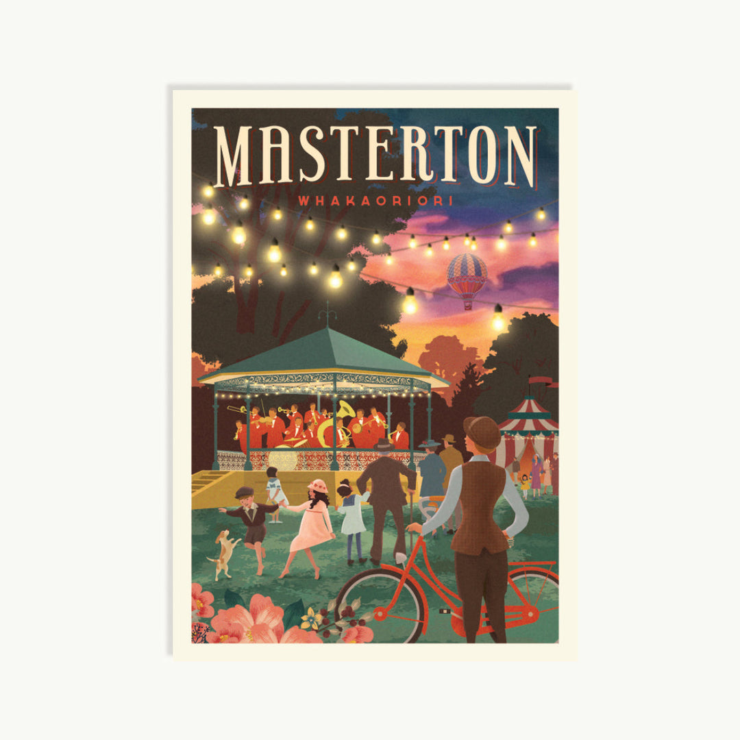 Vintage-style poster of a fair with people and a carousel, featuring the text 'Masterton Whakaoriori'.