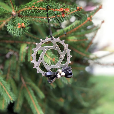 Up-Cycled Gear and Innertube bow Christmas Tree Decoration